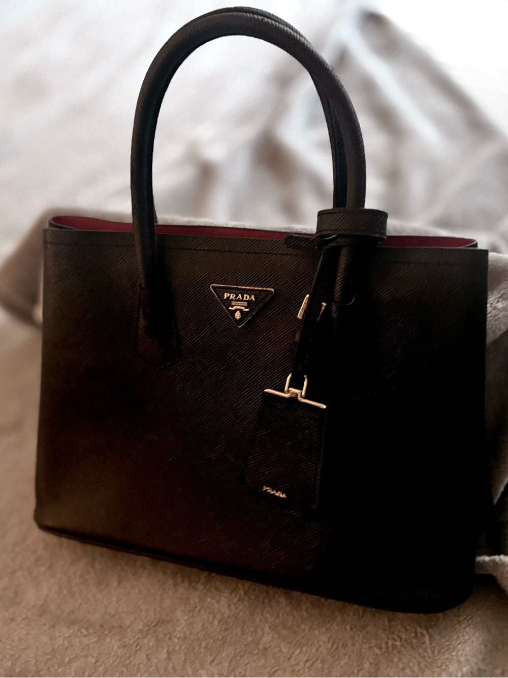 Prada Black Saffiano Satchel with Red Interior